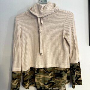 Homebody Top Women's Medium Beige and Camouflage Thermal Waffle Knit Cowl Neck